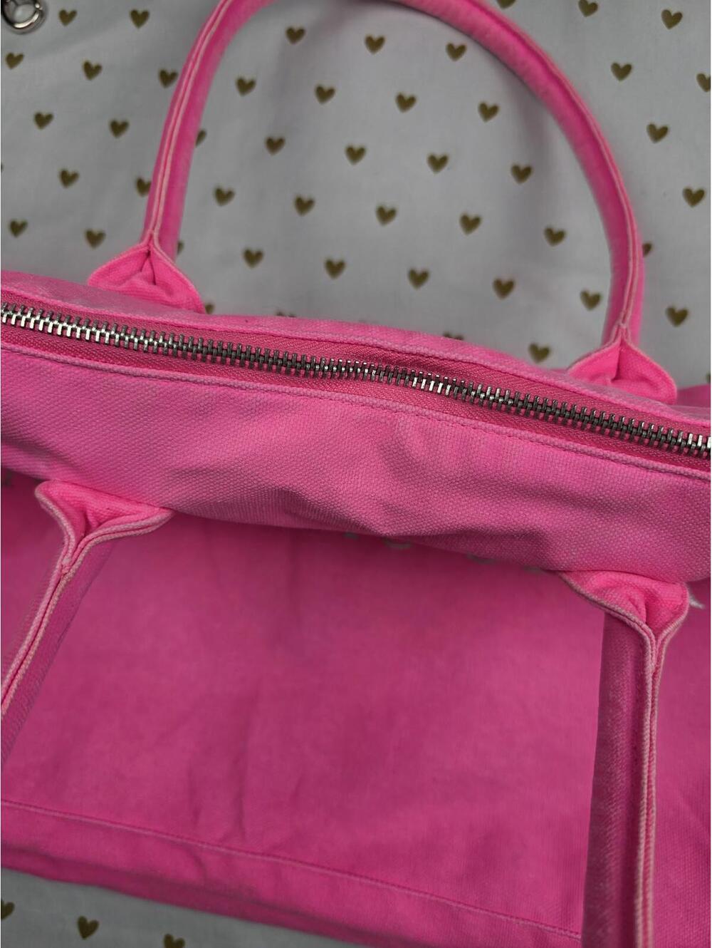 Victoria's Secret NEON PINK Tote Canvas Logo Duffel Bag Purse Long Strap - Picture 5 of 9